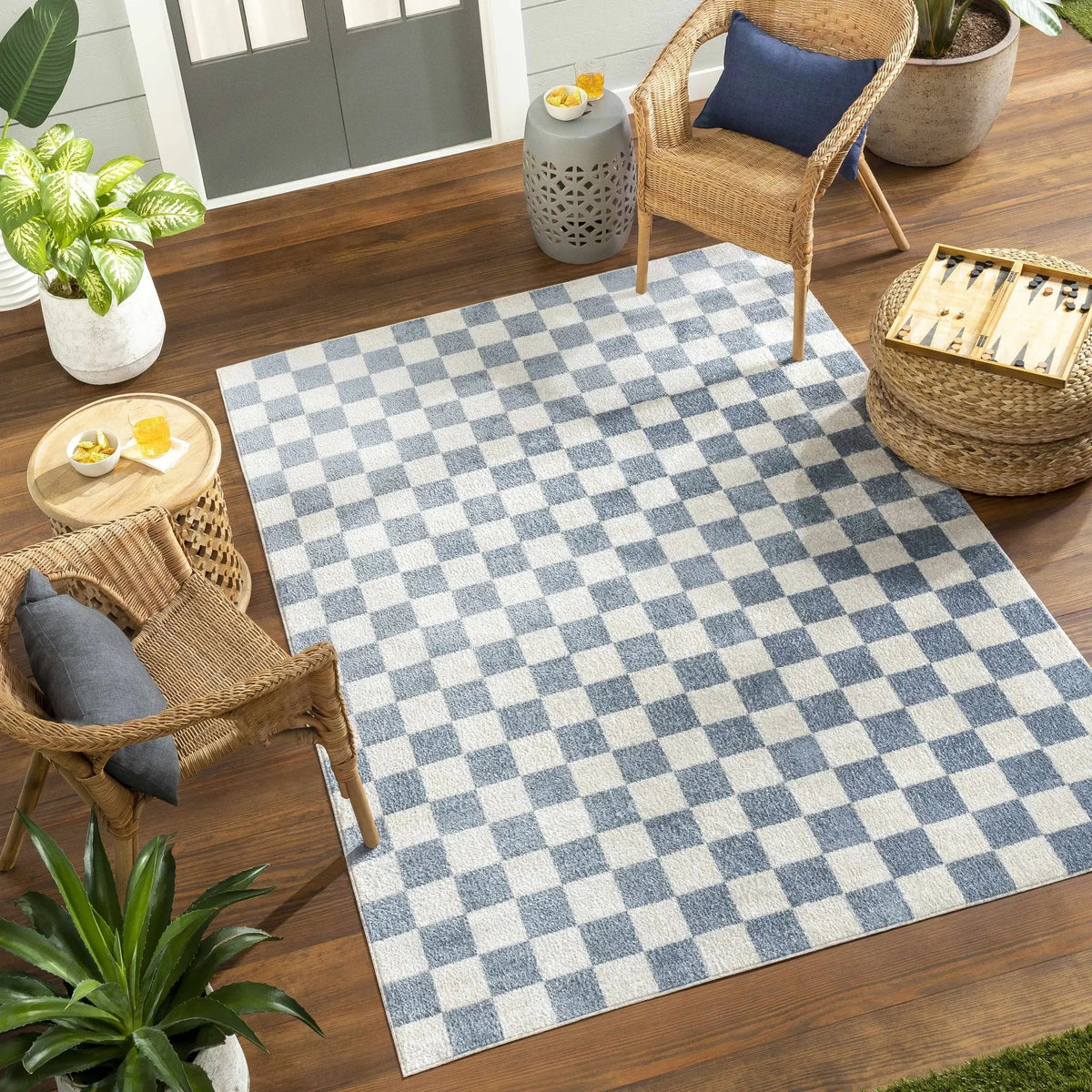 Brone Blue Checkered Washable Rug, installed in a room 3