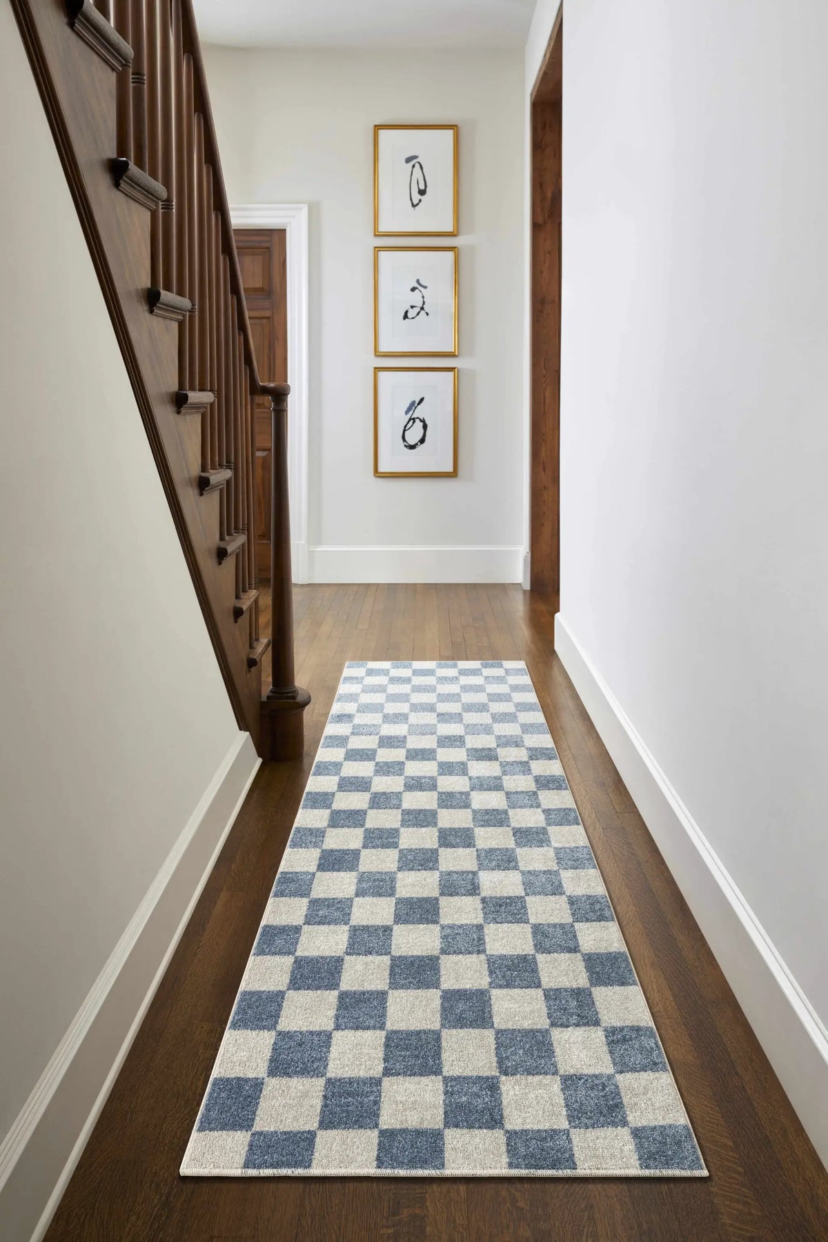 Brone Blue Checkered Washable Rug, installed in a room 8