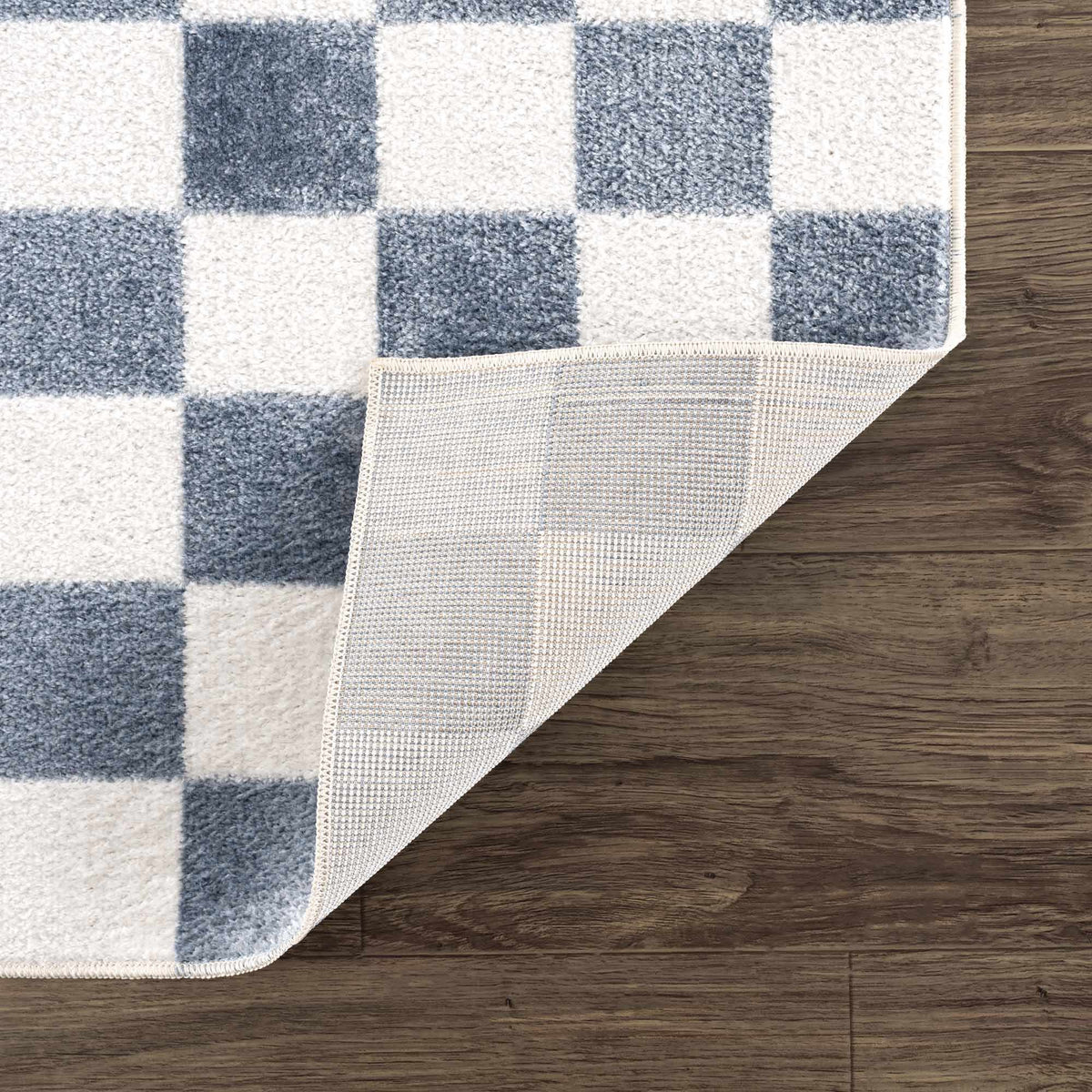 Brone Blue Checkered Washable Rug, photo 7 of 25