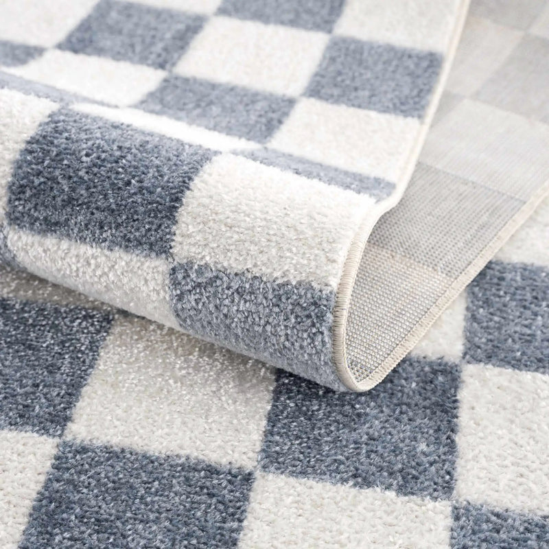 Brone Blue Checkered Washable Rug by Boutique Rugs