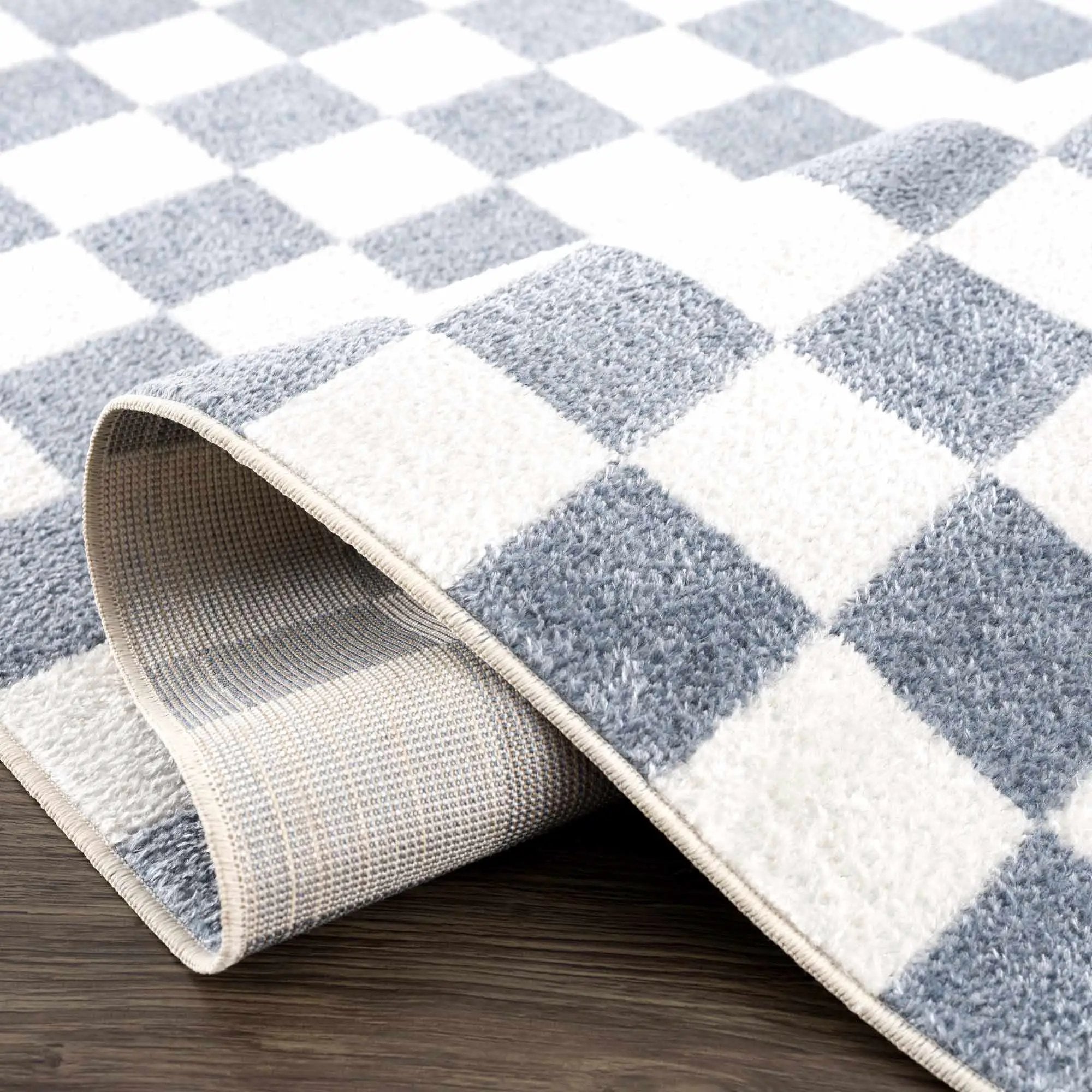 Brone Blue Checkered Washable Rug by Boutique Rugs