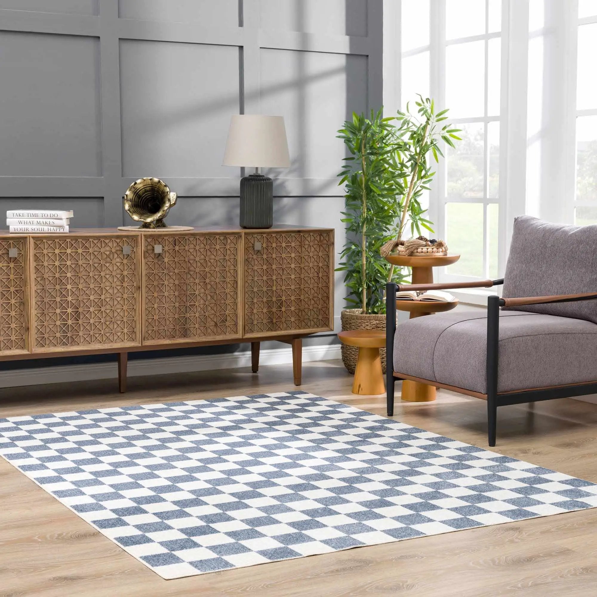 Brone Blue Checkered Washable Rug by Boutique Rugs