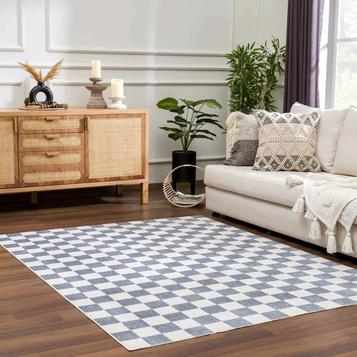 Brone Blue Checkered Washable Rug, installed in a room