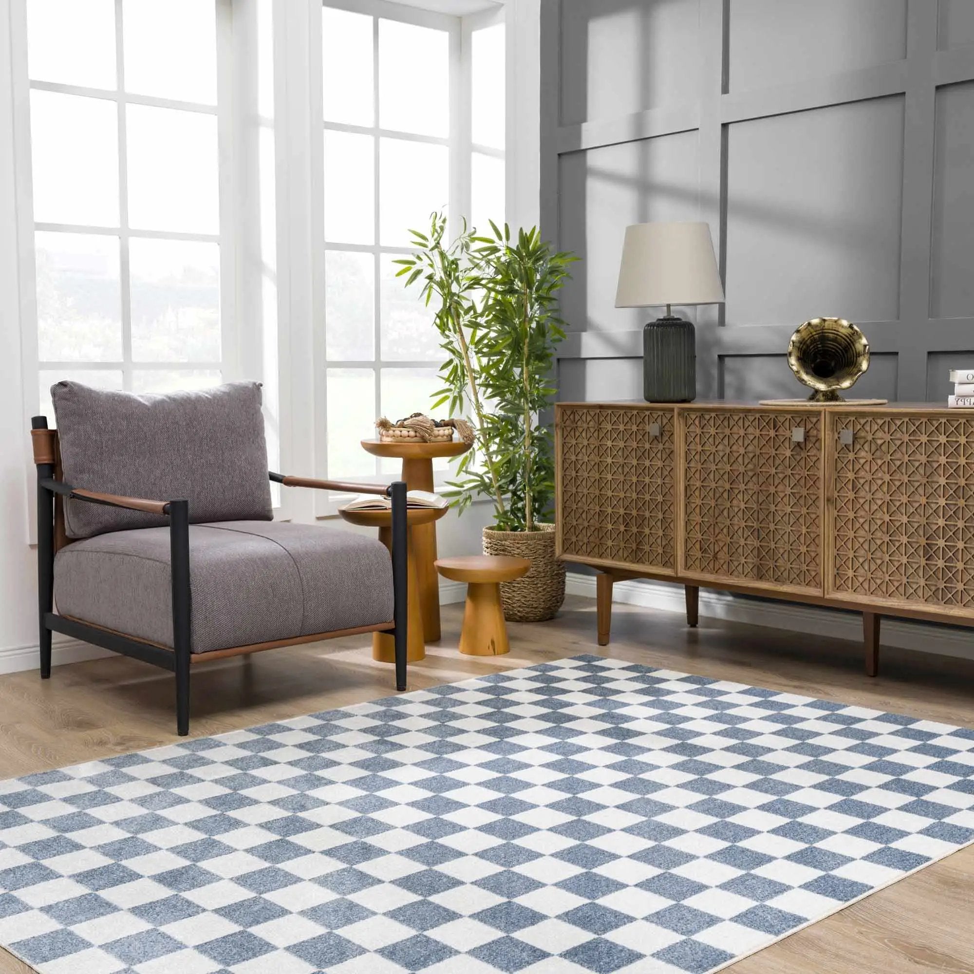 Brone Blue Checkered Washable Rug by Boutique Rugs