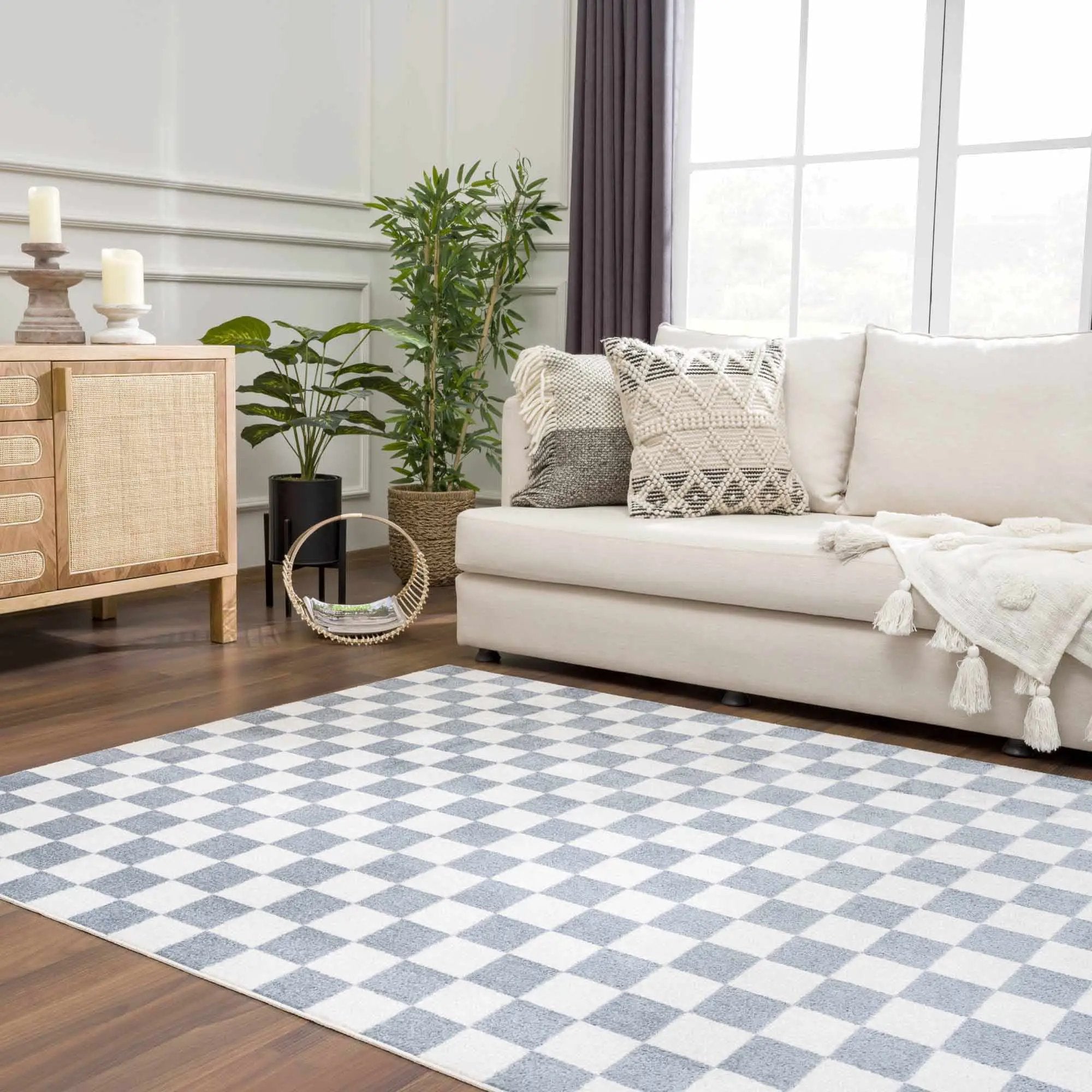 Brone Blue Checkered Washable Rug by Boutique Rugs