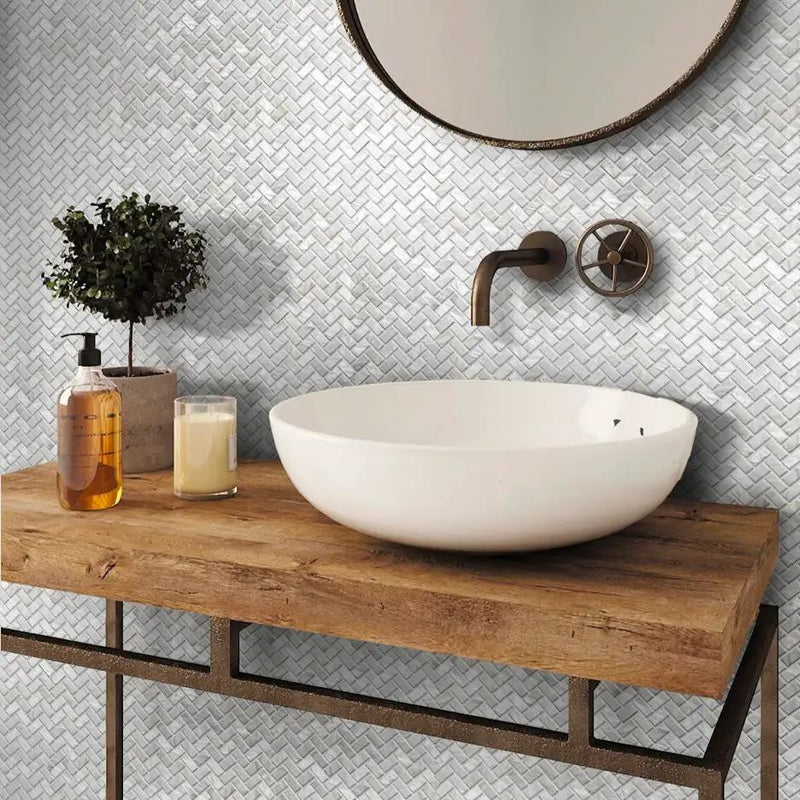 Powder White 10x11 Polished Herringbone Shell Mother of Pearl Mosaic Tile (20 pack, 16.49 sq ft/case) by Apollo Tile