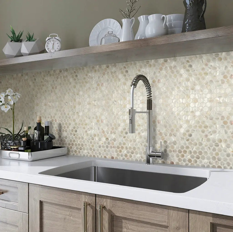 Shell White 12x12 Polished Penny Round Shell Mother of Pearl Mosaic Tile (20 pack, 18.69 sq ft/case) by Apollo Tile