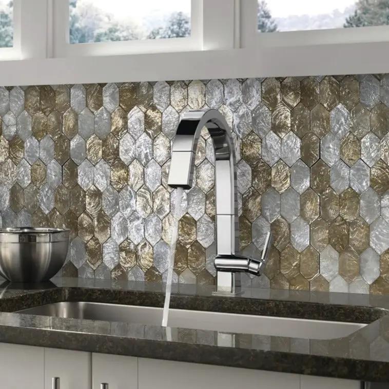 Silver Gold 10x11 Polished Hexagon Shell Mother of Pearl Mosaic Tile (20 pack, 15.89 sq ft/case) by Apollo Tile