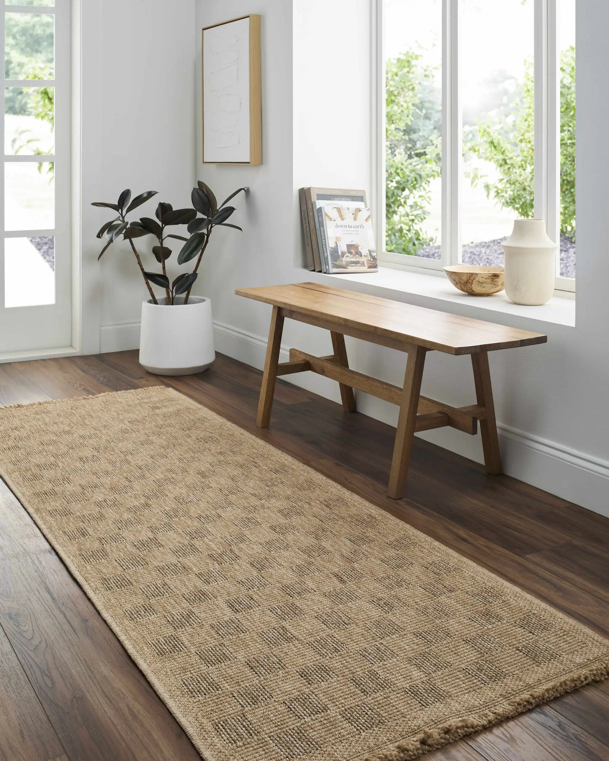 Jurek Beige Checkered Outdoor Area Rug, installed in a room