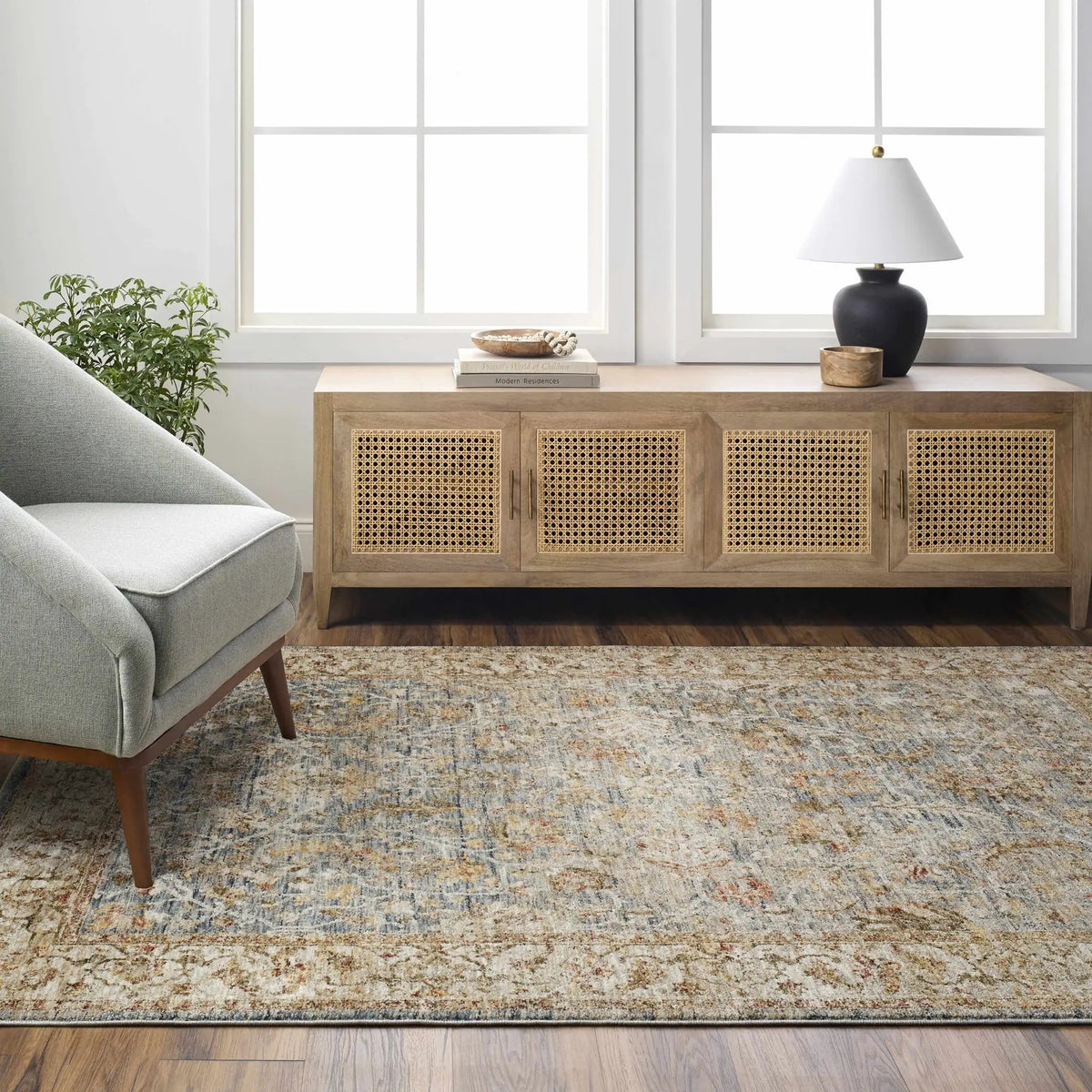 Asabi Blue Textured Rug with Fringes, installed in a room