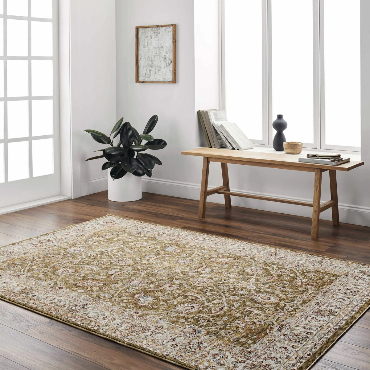 Dyan Green Textured Rug with Fringes, installed in a room