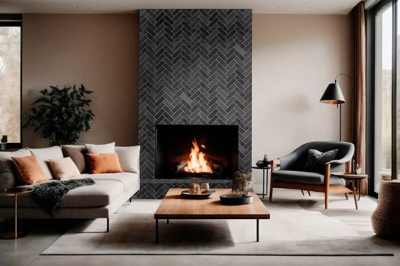 Montauk Black Gauged Slate Tiles 24x24 in a finished room