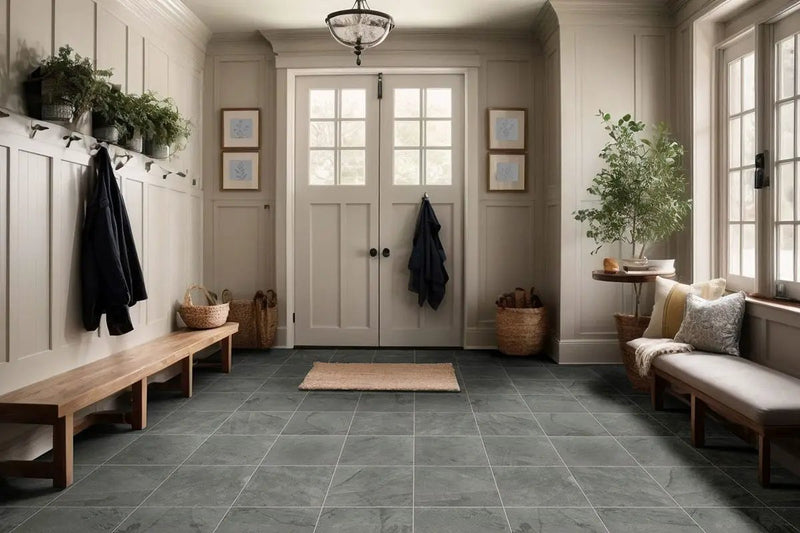 Montauk Blue Gauged Slate Tiles 4x12 in a finished room