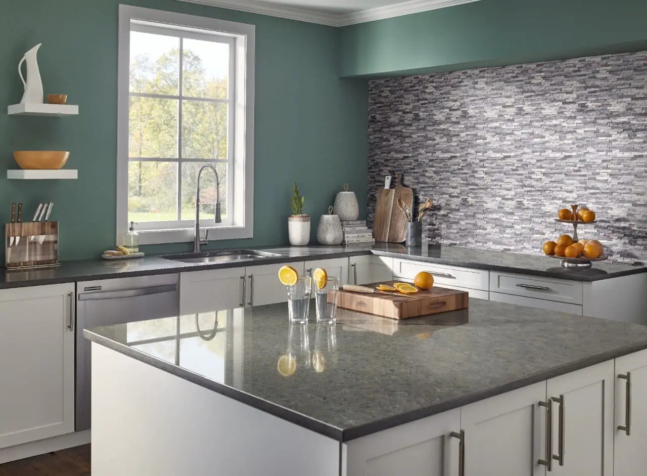 Alaskan Gray Splitface Interlocking Pattern Split Face Marble Mosaics in a finished room