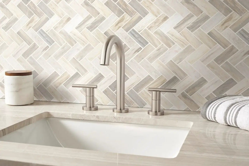 Angora Herringbone Polished Pattern Marble Mosaics in a finished room