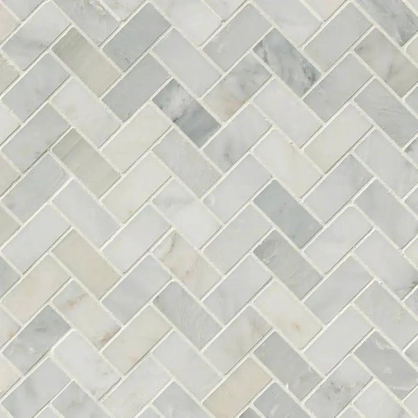 Arabescato Carrara Honed Herringbone Pattern Marble Mosaics
