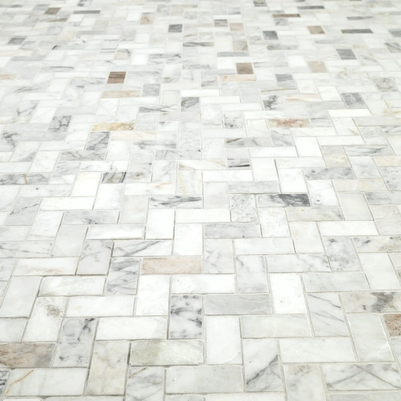 Arabescato Venato 1x2 Herringbone Honed Marble Mosaics angled view