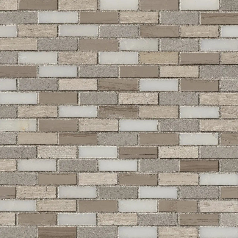 Arctic Storm 0.625x2 Brick Pattern Honed Marble Mosaics close up
