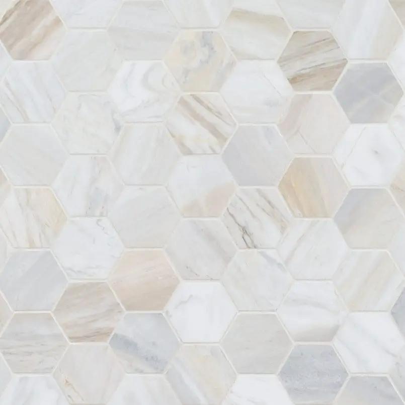 Athena Gold 2" Hexagon Honed Marble Mosaics close up
