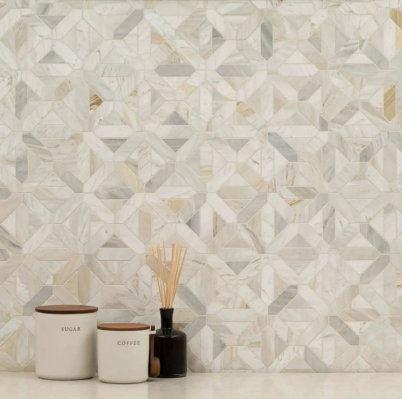 Athena Gold Geometrica Honed Pattern Marble Mosaics in a finished room