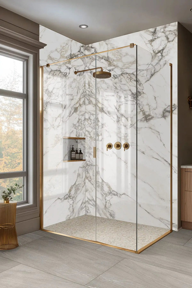Athena Gold Penny Round Honed Marble Mosaics in a finished room