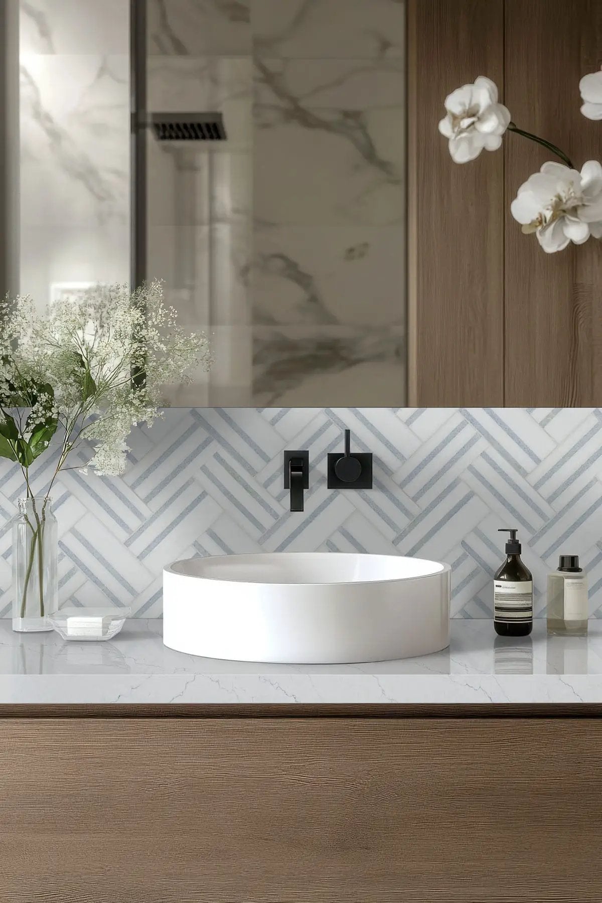 Azula Linea Polished Marble Mosaics in a finished room