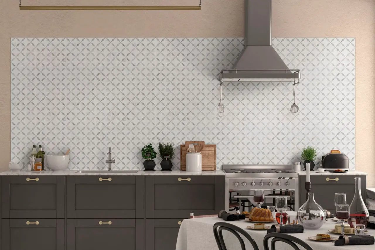 Bianco Starlite Polished Pattern Marble Mosaics in a finished room