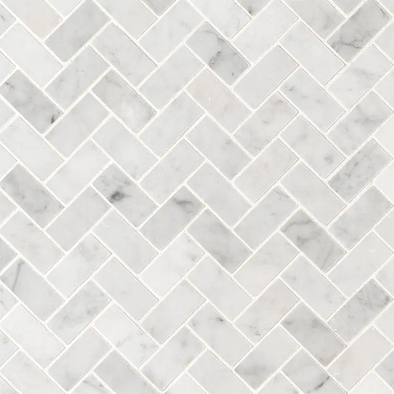 Carrara White 1x2 Herringbone Honed Marble Mosaics close up