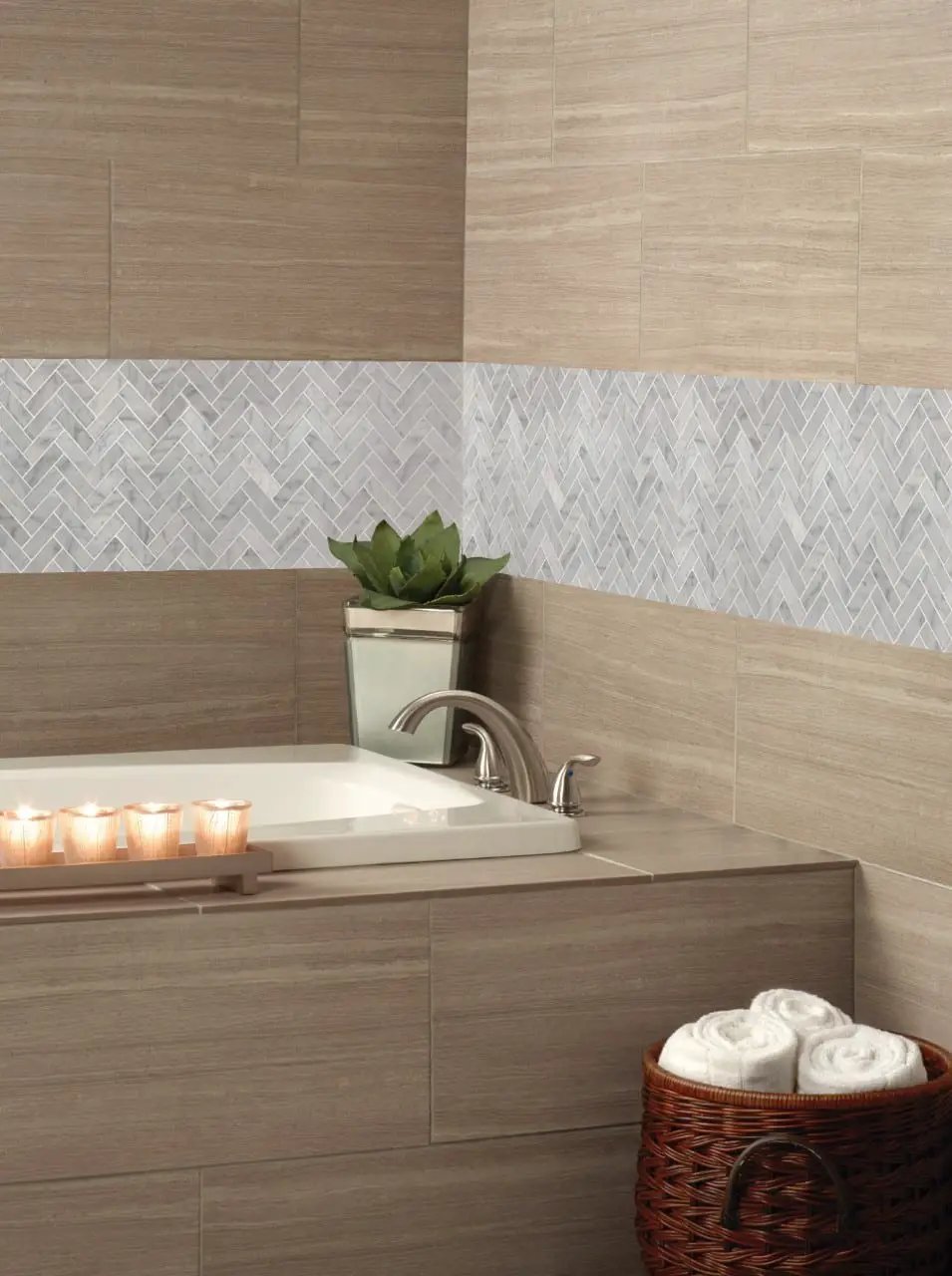 Carrara White 1x3 Herringbone Polished Marble Mosaics in a finished room