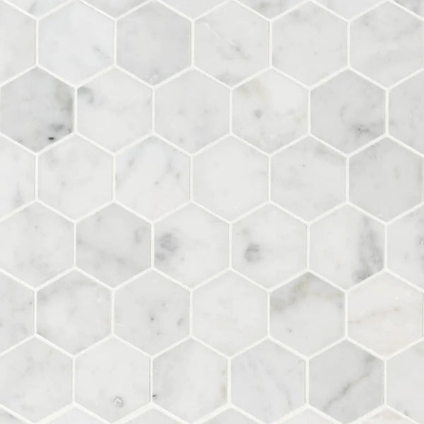 Carrara White Honed 2" Hexagon Mosaic Tile Marble