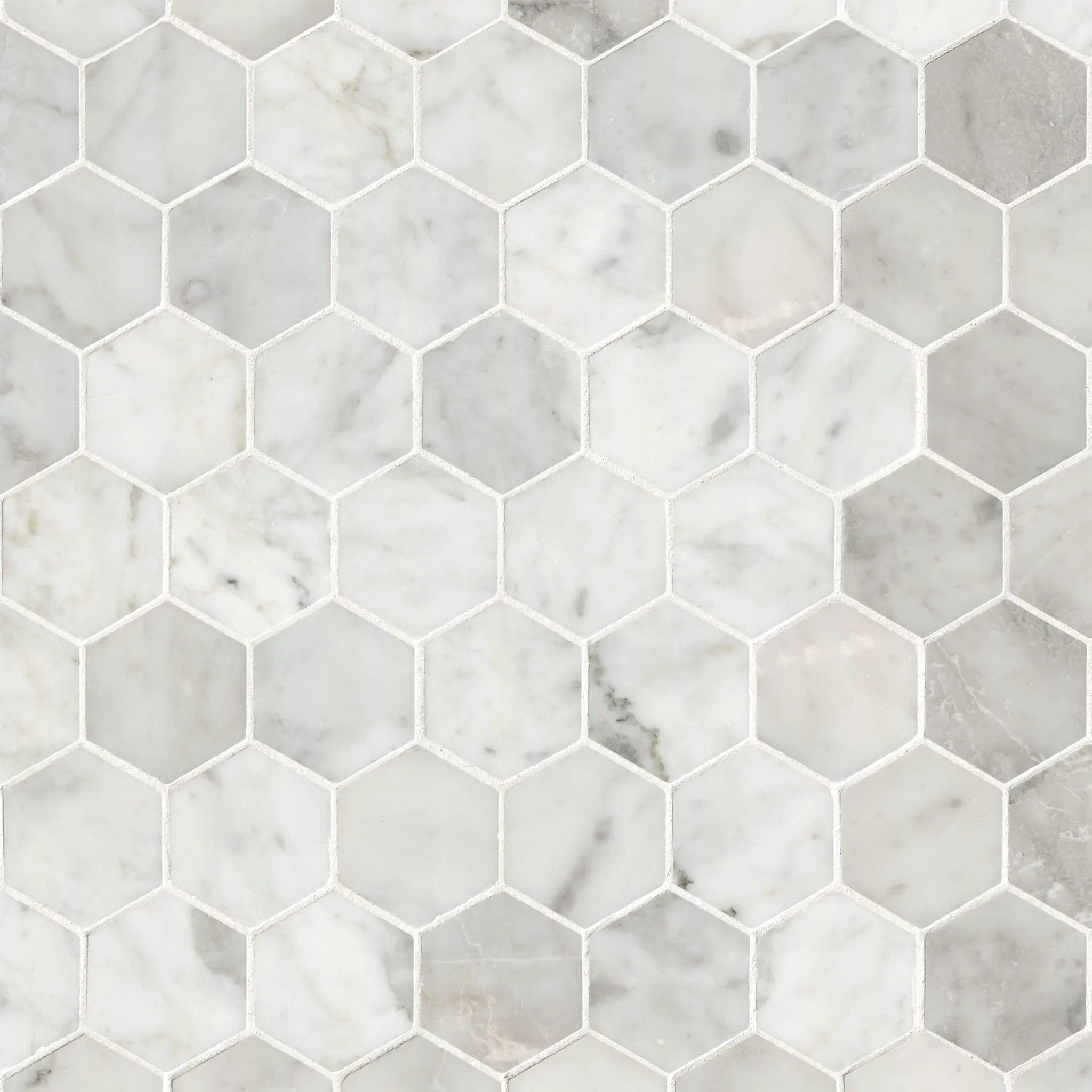 Carrara White Honed 2" Hexagon Mosaic Tile Marble close up