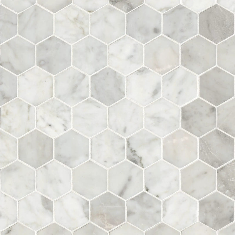 Carrara White Honed 2" Hexagon Mosaic Tile Marble close up
