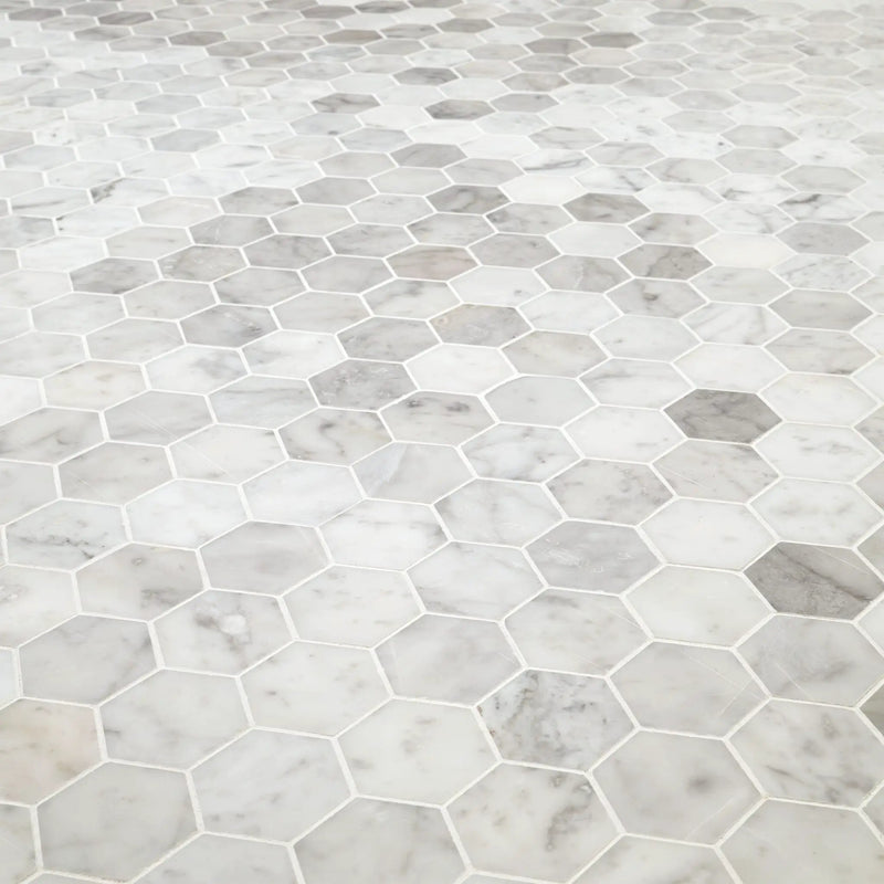 Carrara White Honed 2" Hexagon Mosaic Tile Marble angled view