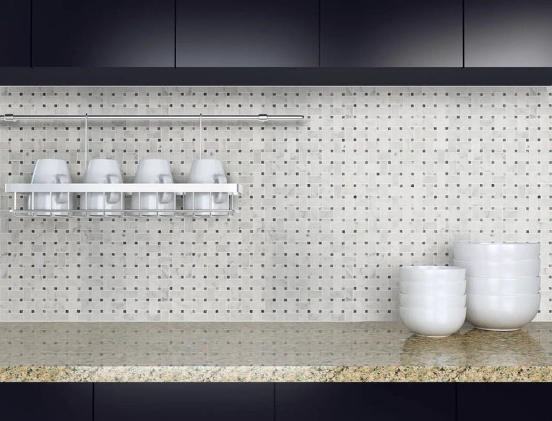 Carrara White Basketweave Pattern Honed Marble Mosaics in a finished room