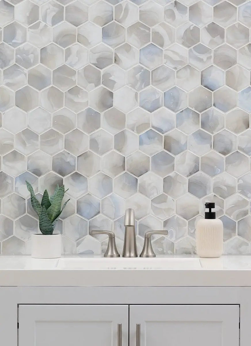 Akoya Pearl 3" Hexagon Mosaic Tile Glass in a finished room