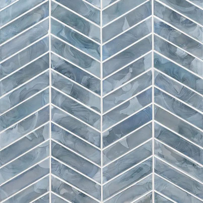 Blue Shimmer Chevron 6mm Pattern Glass Mosaics close up