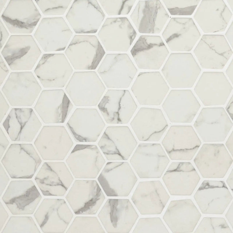 Statuario Celano Hexagon Mosaic Tile Glass close up