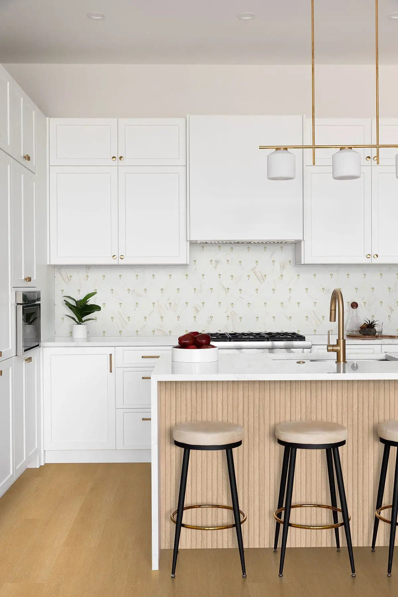 Citadel Gold Trident Tile Glossy Pattern Glass Mosaics in a finished room