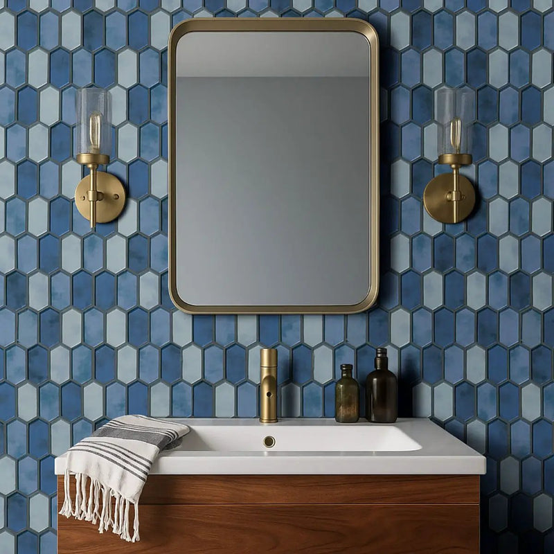 Boathouse Blue Picket 8mm Pattern Glass Mosaics in a finished room