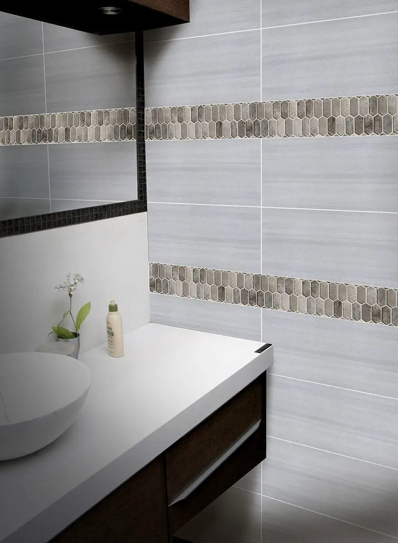 Savoy Picket Pattern 8mm Glass Mosaics in a finished room
