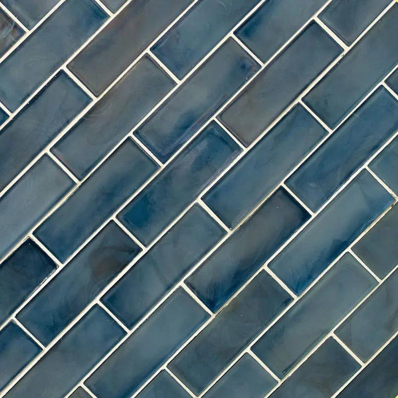 Blue Shimmer Glass Subway Tile Mosaics 2x6 angled view