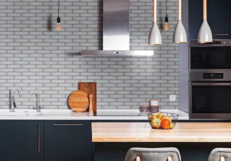 Ice Bevel Subway Tile 2x6 Glossy Glass Mosaics in a finished room