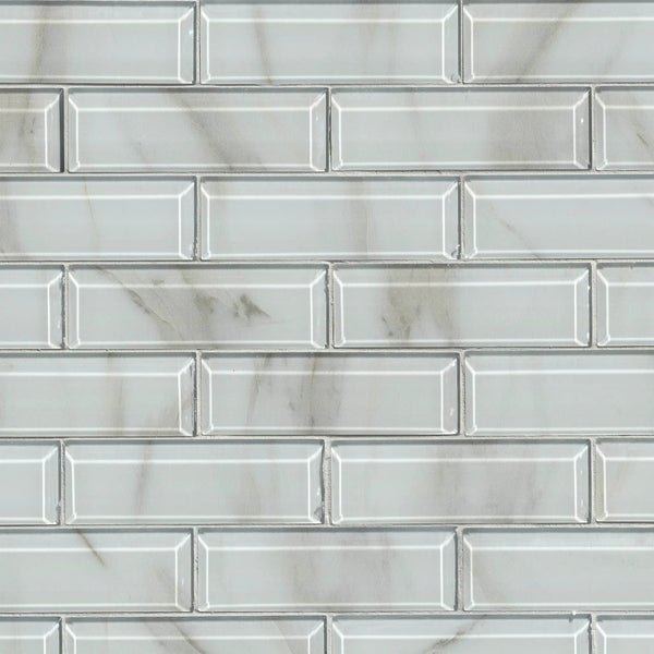 Ivory Amber Beveled Subway Tile Glossy Pattern Glass Mosaics