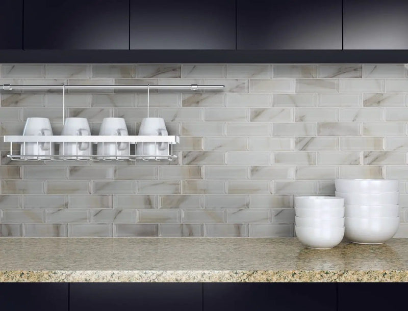 Ivory Amber Beveled Subway Tile Glossy Pattern Glass Mosaics in a finished room