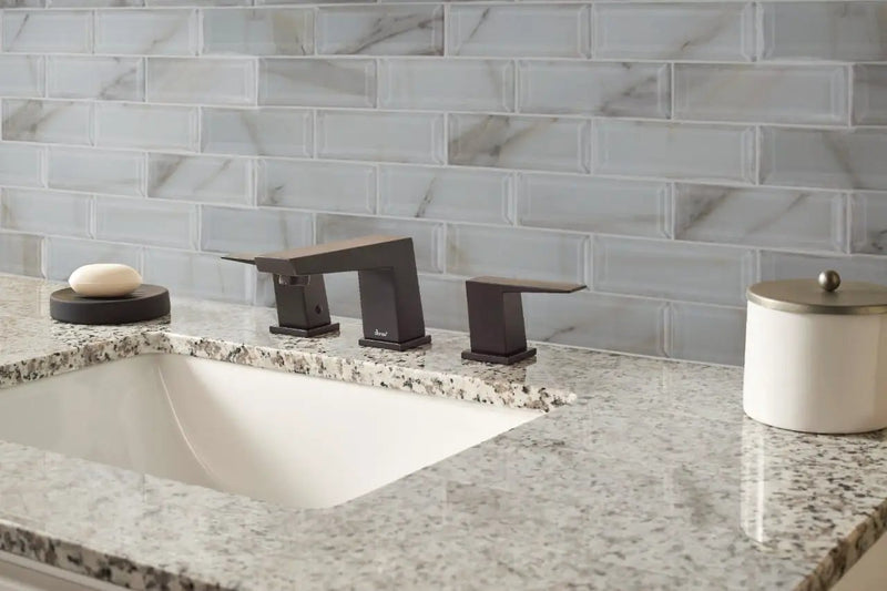 Ivory Amber Beveled Subway Tile Glossy Pattern Glass Mosaics in a finished room