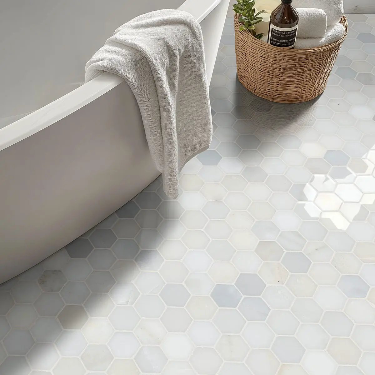Greecian White 2"hexagon Polished Hexagon Marble Mosaics in a finished room