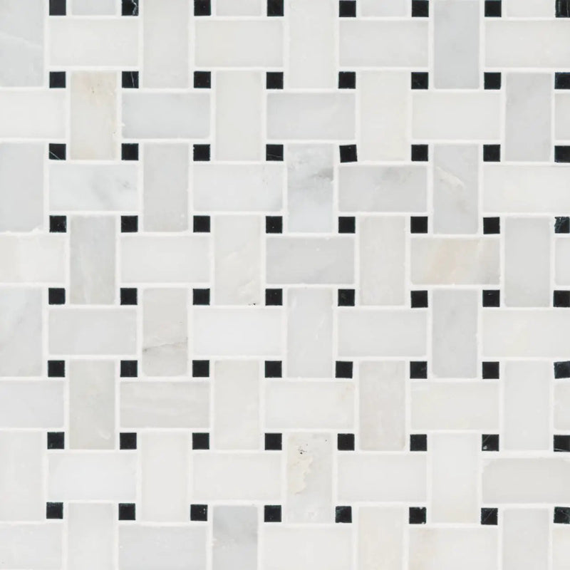 Greecian White Basketweave Pattern Polished Marble Mosaics close up