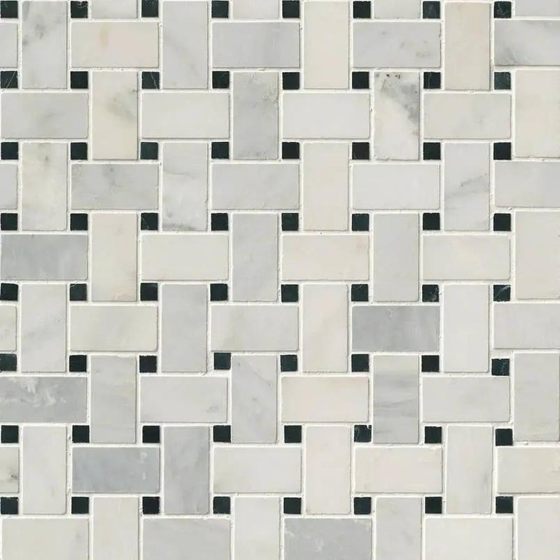 Greecian White Basketweave Pattern Polished Marble Mosaics close up