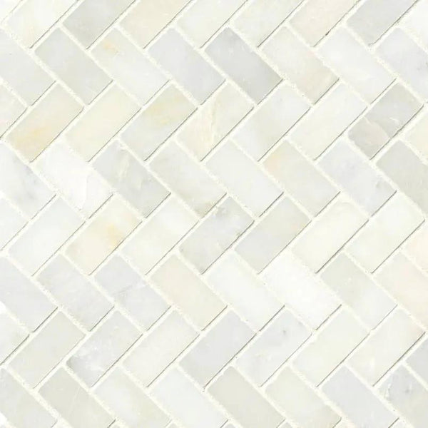 Greecian White Herringbone Pattern Polished Marble Mosaics, photo 2 of 5