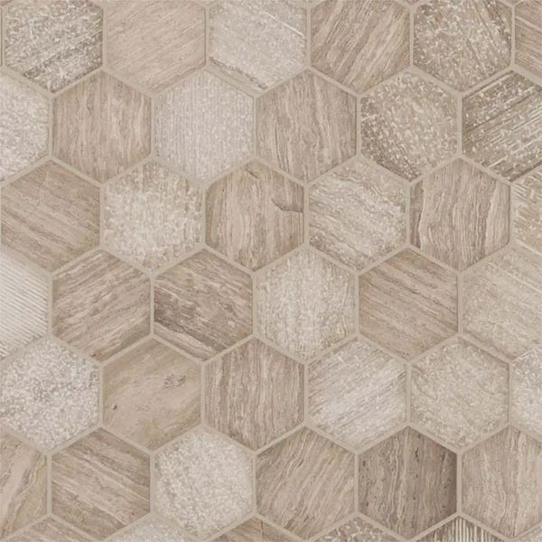 White Oak Multi Finish Hexagon Marble Mosaics
